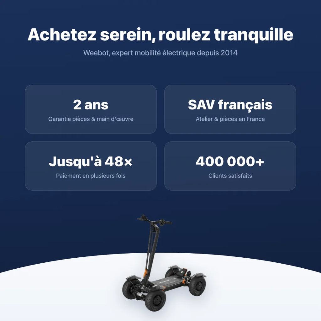 Trottinette Électrique 4 Roues Teverun Tetra — garantie, livraison rapide et SAV Weebot, expert mobilité électrique depuis 2014.
