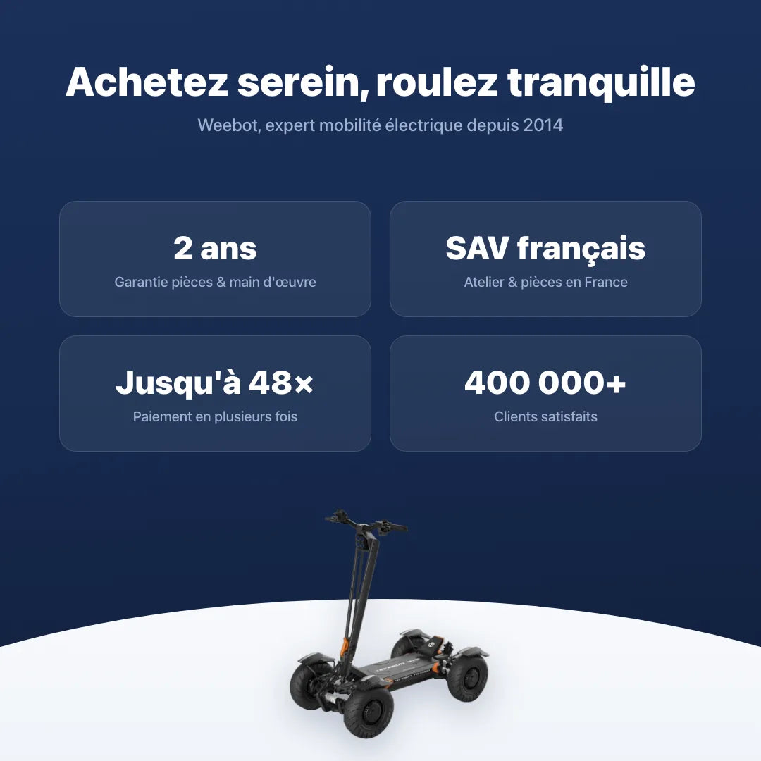 Trottinette Électrique 4 Roues Teverun Tetra — garantie, livraison rapide et SAV Weebot, expert mobilité électrique depuis 2014.