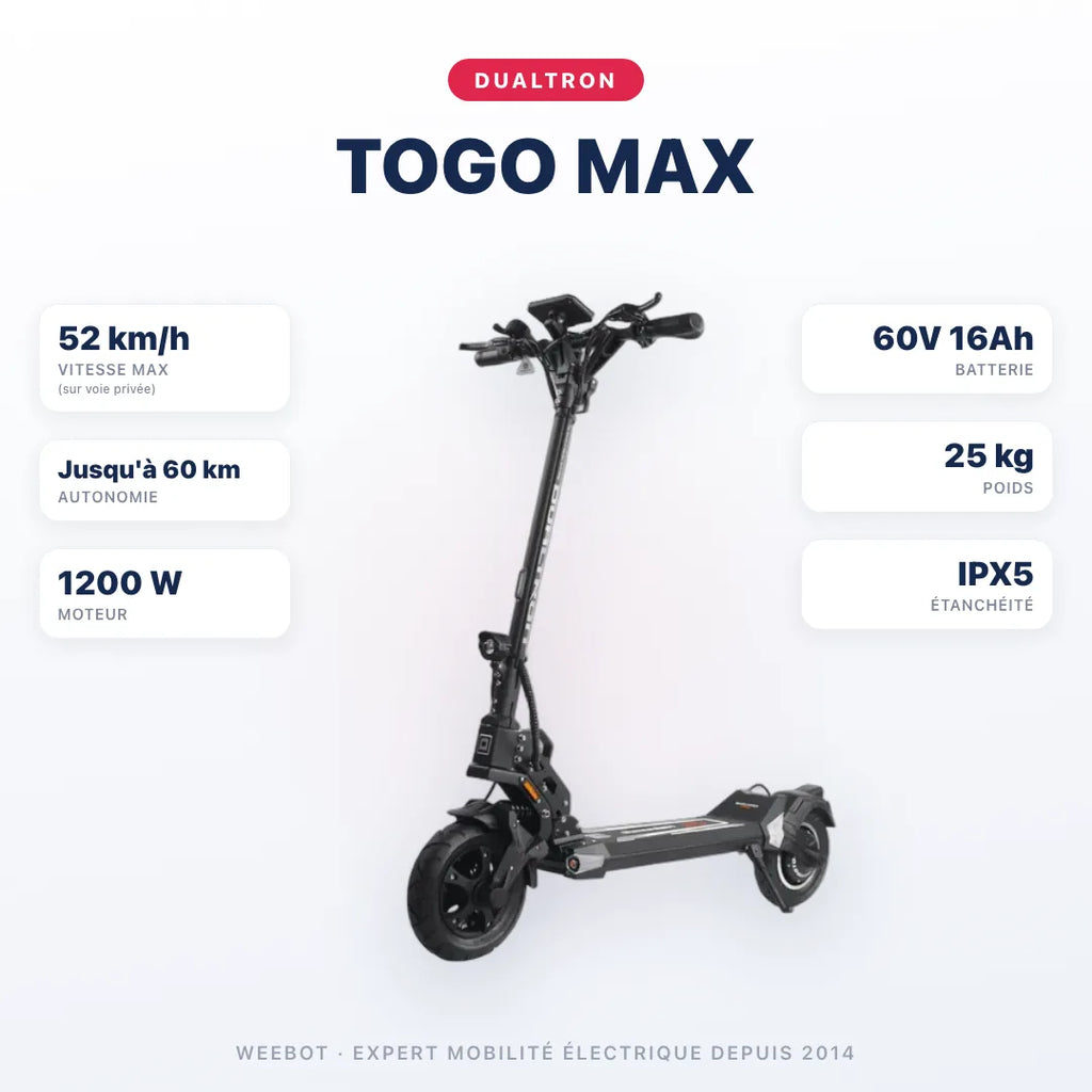 Trottinette Électrique Dualtron Togo Max — caractéristiques : 52 km/h sur voie privée, autonomie Jusqu'à 60 km, moteur 1200 W, batterie 60V 16Ah, 25 kg. Trottinette électrique Dualtron chez Weebot.