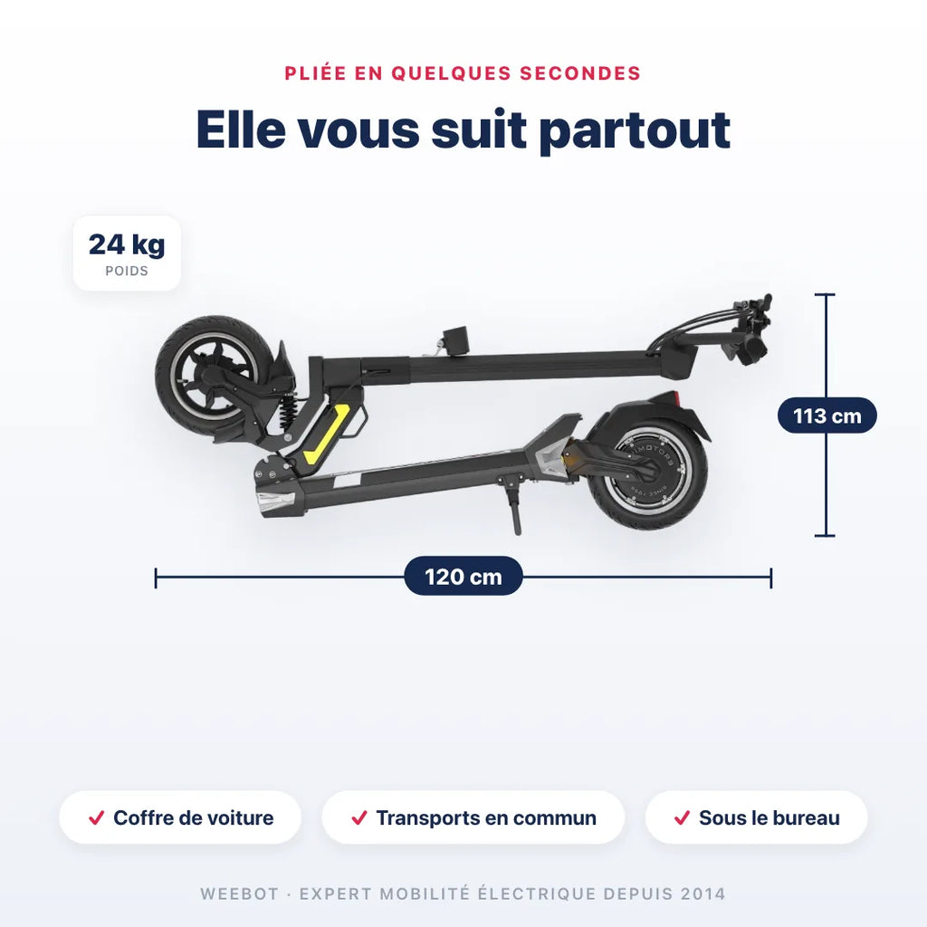 Trottinette Électrique Dualtron Togo pliée — dimensions 120 cm, poids 24 kg. Compact et transportable, Weebot.