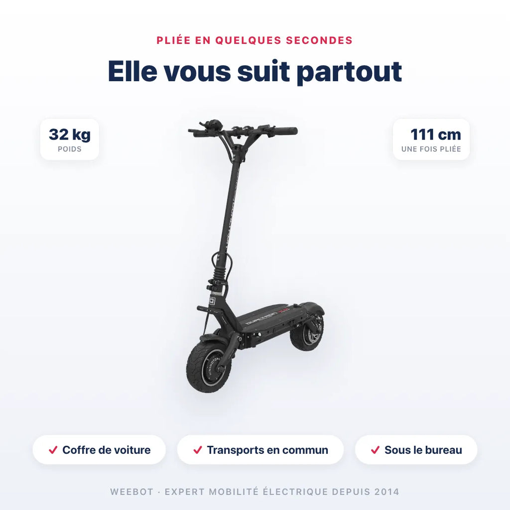 Trottinette Électrique Dualtron Victor pliée — dimensions 111 cm, poids 32 kg. Compact et transportable, Weebot.