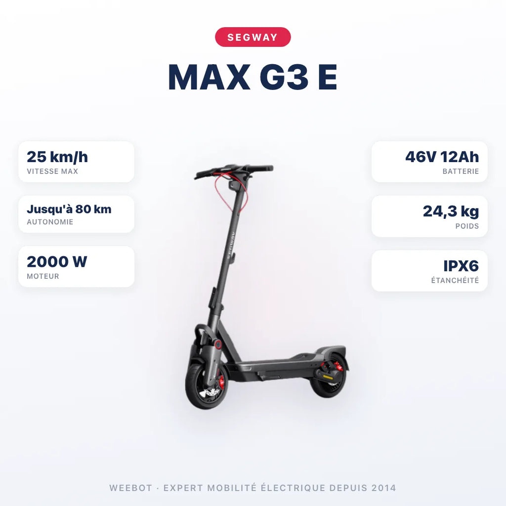 Trottinette Électrique MAX G3 E Ninebot by Segway — caractéristiques : 25 km/h sur voie privée, autonomie Jusqu'à 80 km, moteur 2000 W, batterie 46V 12Ah, 24,3 kg. Trottinette électrique Segway chez Weebot.