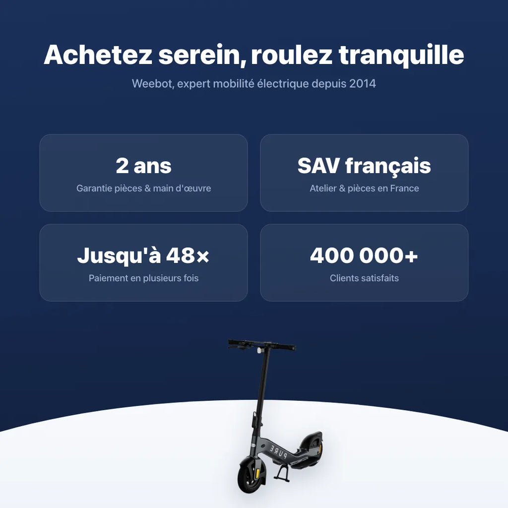 Trottinette Électrique Pure Advance Flex + — garantie, livraison rapide et SAV Weebot, expert mobilité électrique depuis 2014.