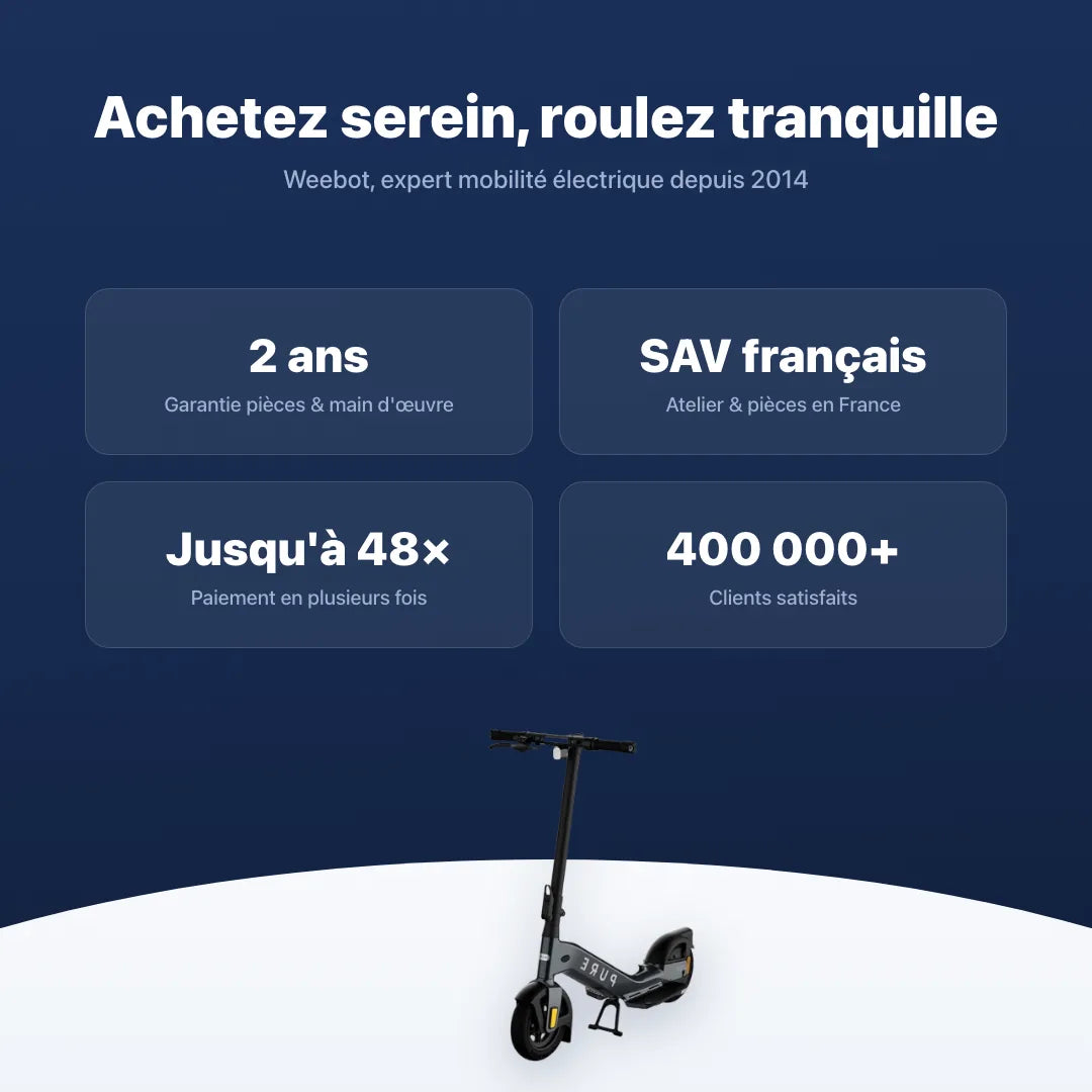 Trottinette Électrique Pure Advance Flex + — garantie, livraison rapide et SAV Weebot, expert mobilité électrique depuis 2014.