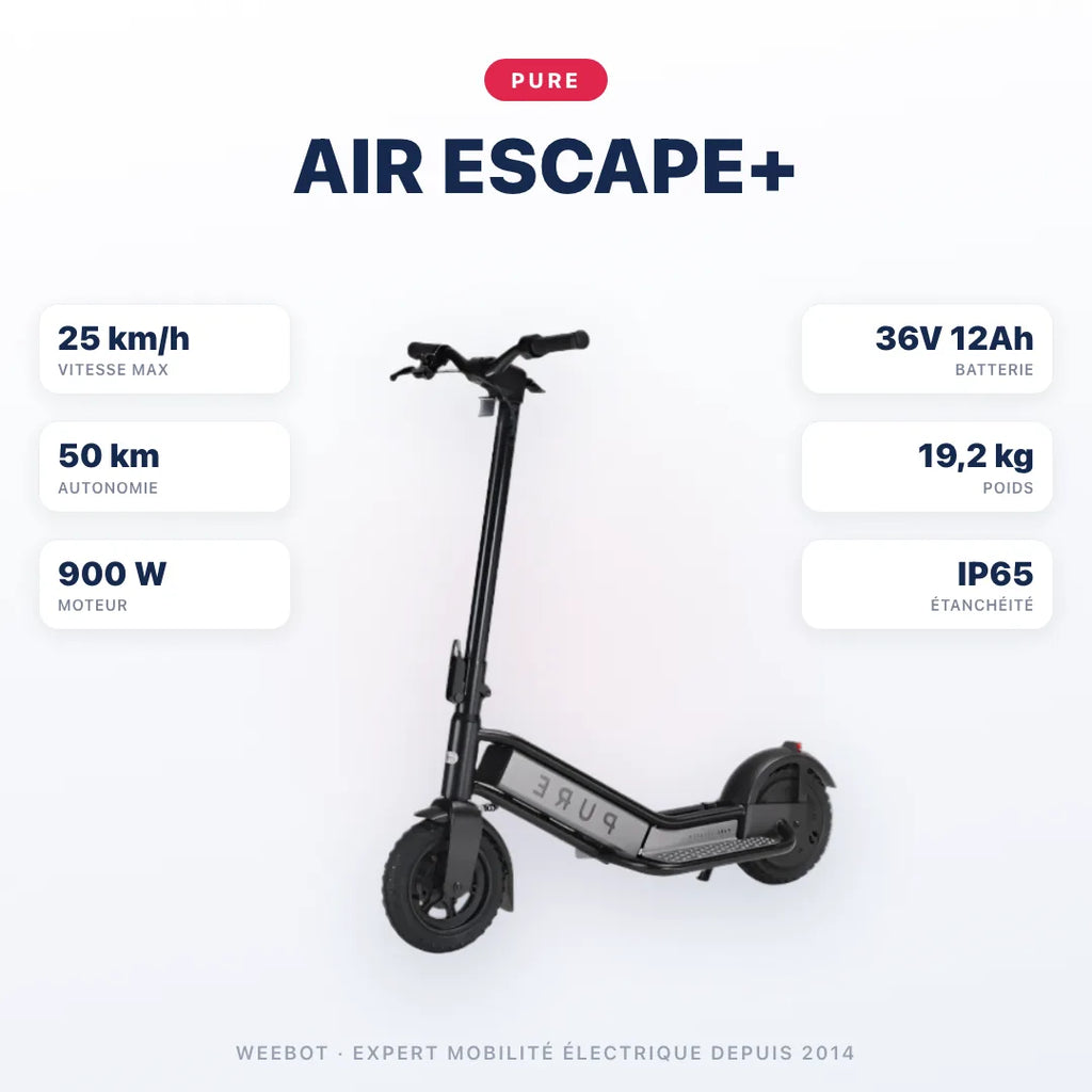 Trottinette Électrique Pure Air Escape + — caractéristiques : 25 km/h sur voie privée, autonomie 50 km, moteur 900 W, batterie 36V 12Ah, 19,2 kg. Trottinette électrique Pure chez Weebot.