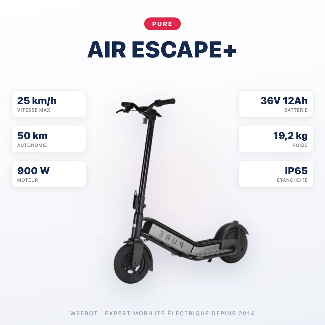 Trottinette Électrique Pure Air Escape + — caractéristiques : 25 km/h sur voie privée, autonomie 50 km, moteur 900 W, batterie 36V 12Ah, 19,2 kg. Trottinette électrique Pure chez Weebot.