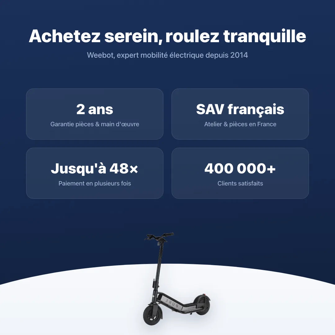 Trottinette Électrique Pure Air Escape + — garantie, livraison rapide et SAV Weebot, expert mobilité électrique depuis 2014.