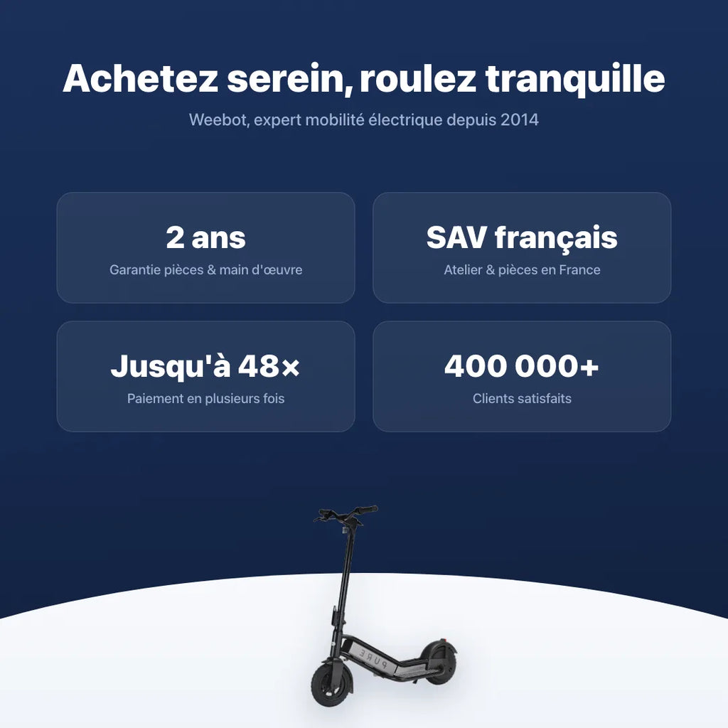 Trottinette Électrique Pure Air Escape + — garantie, livraison rapide et SAV Weebot, expert mobilité électrique depuis 2014.