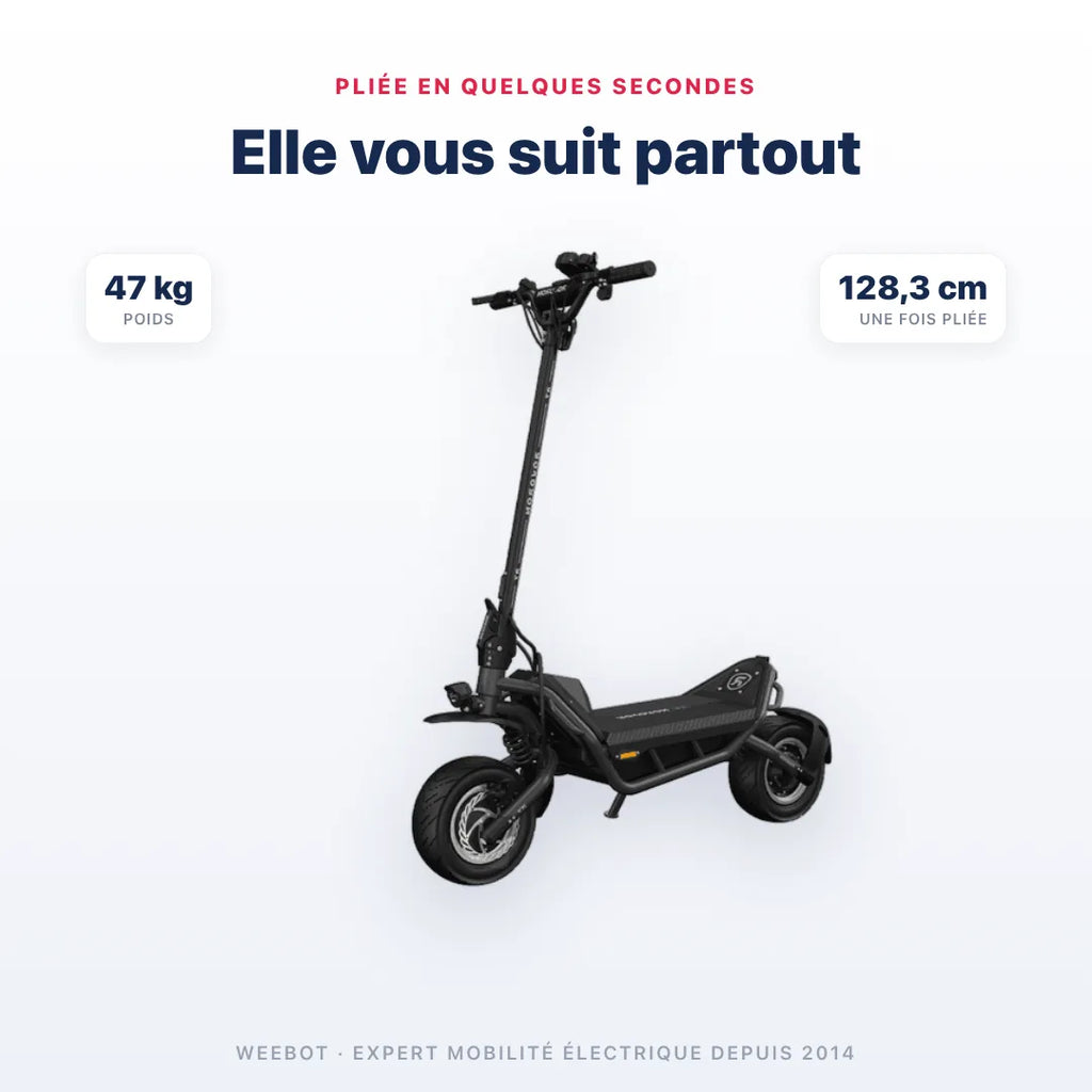 Trottinette Électrique Rovoron R7 pliée — dimensions 128,3 cm, poids 47 kg. Compact et transportable, Weebot.